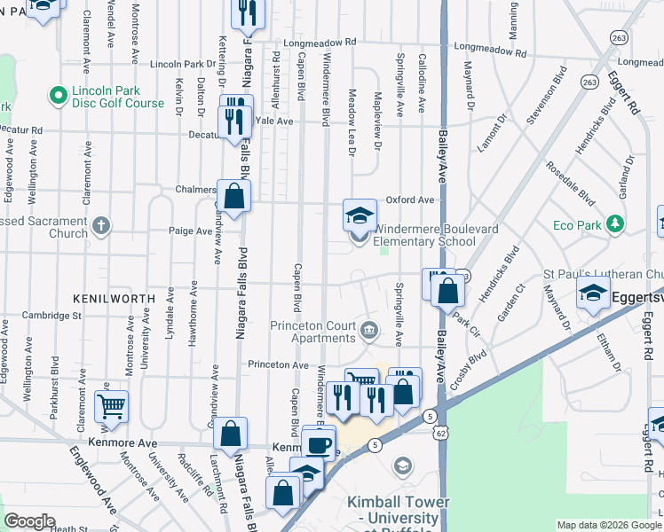 map of restaurants, bars, coffee shops, grocery stores, and more near 267 Windermere Boulevard in Buffalo