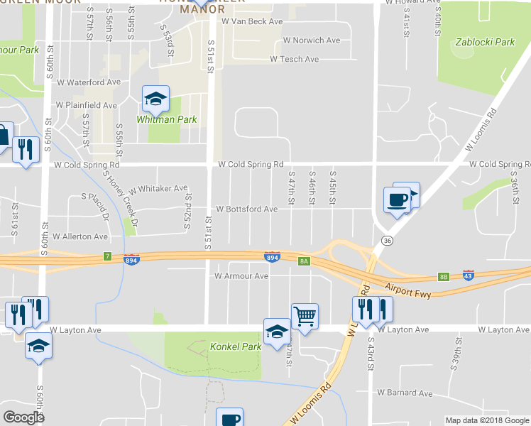 map of restaurants, bars, coffee shops, grocery stores, and more near 4401 South 48th Street in Greenfield