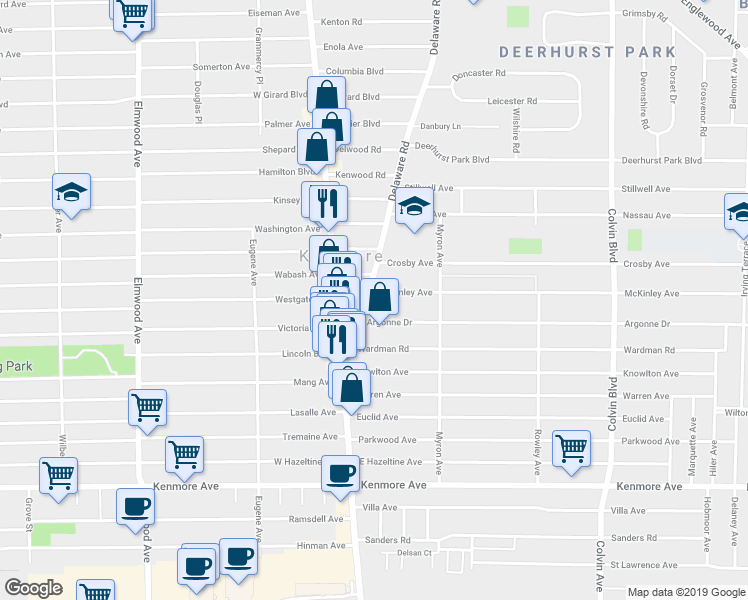 map of restaurants, bars, coffee shops, grocery stores, and more near 75 Delaware Road in Buffalo