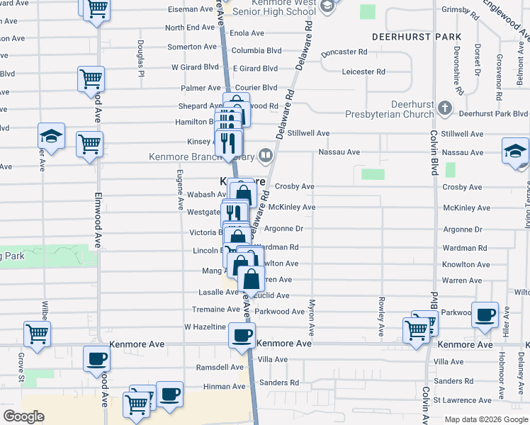 map of restaurants, bars, coffee shops, grocery stores, and more near 75 Delaware Road in Buffalo