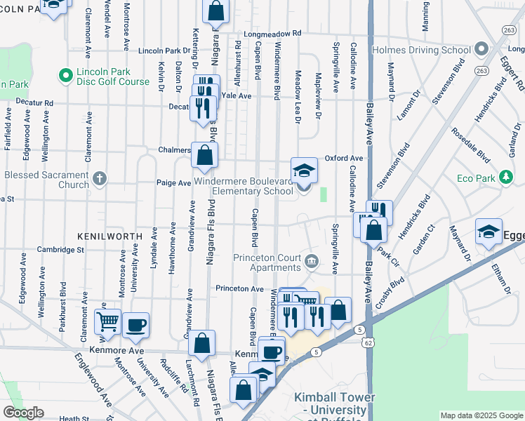 map of restaurants, bars, coffee shops, grocery stores, and more near 299 Capen Boulevard in Buffalo