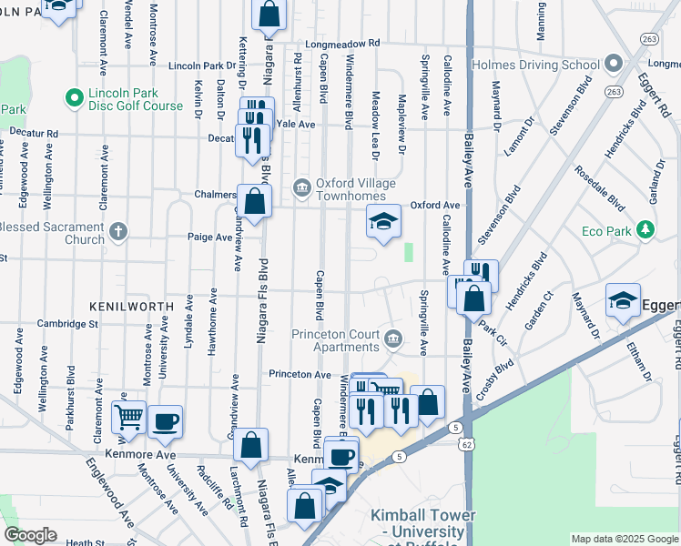 map of restaurants, bars, coffee shops, grocery stores, and more near 299 Capen Boulevard in Buffalo
