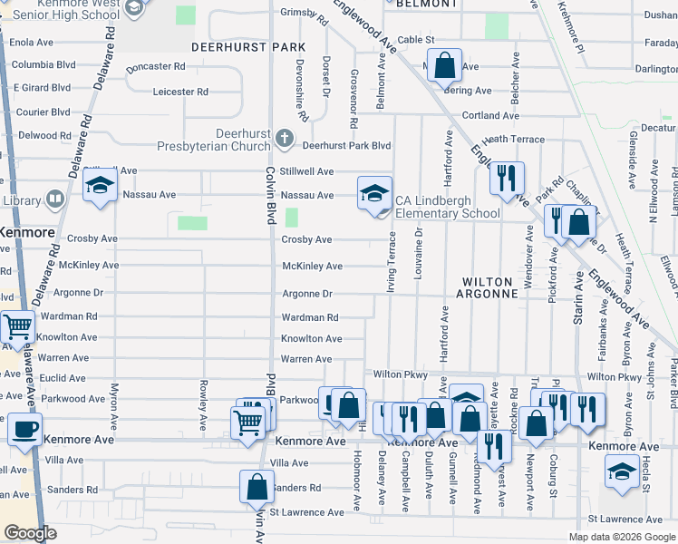 map of restaurants, bars, coffee shops, grocery stores, and more near 369 McKinley Avenue in Buffalo