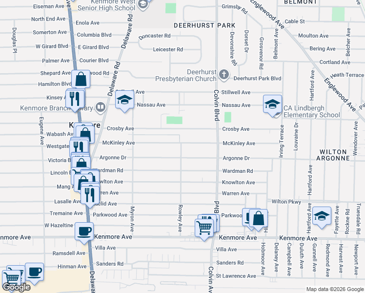 map of restaurants, bars, coffee shops, grocery stores, and more near 213 McKinley Avenue in Kenmore