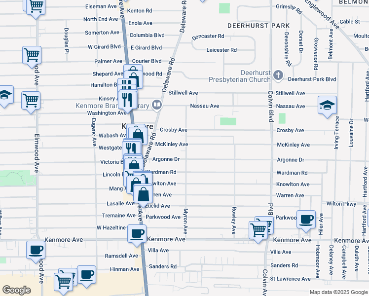 map of restaurants, bars, coffee shops, grocery stores, and more near 89 McKinley Avenue in Buffalo