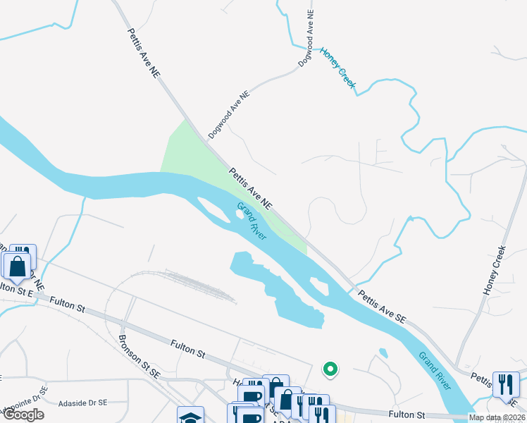 map of restaurants, bars, coffee shops, grocery stores, and more near 150 Pettis Avenue Northeast in Ada