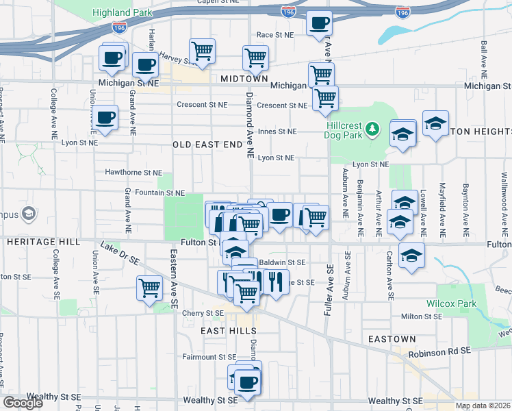map of restaurants, bars, coffee shops, grocery stores, and more near 63 Iris Place Northeast in Grand Rapids