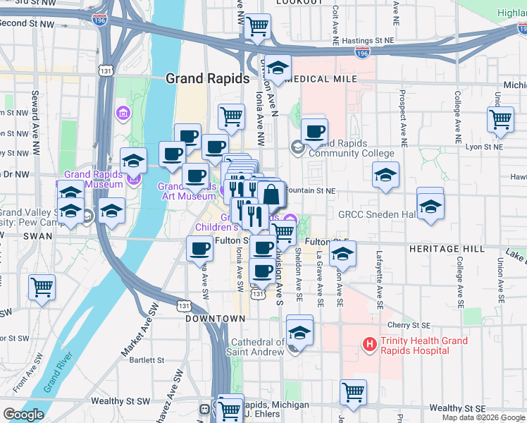 map of restaurants, bars, coffee shops, grocery stores, and more near in Grand Rapids