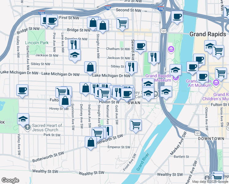 map of restaurants, bars, coffee shops, grocery stores, and more near 719 Veto Street Northwest in Grand Rapids