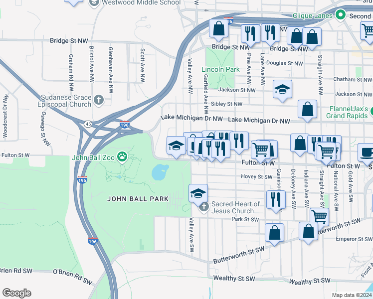 map of restaurants, bars, coffee shops, grocery stores, and more near 20 Richards Avenue Northwest in Grand Rapids