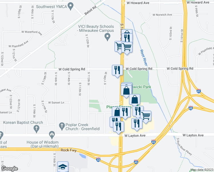 map of restaurants, bars, coffee shops, grocery stores, and more near 4438 South 110th Street in Greenfield