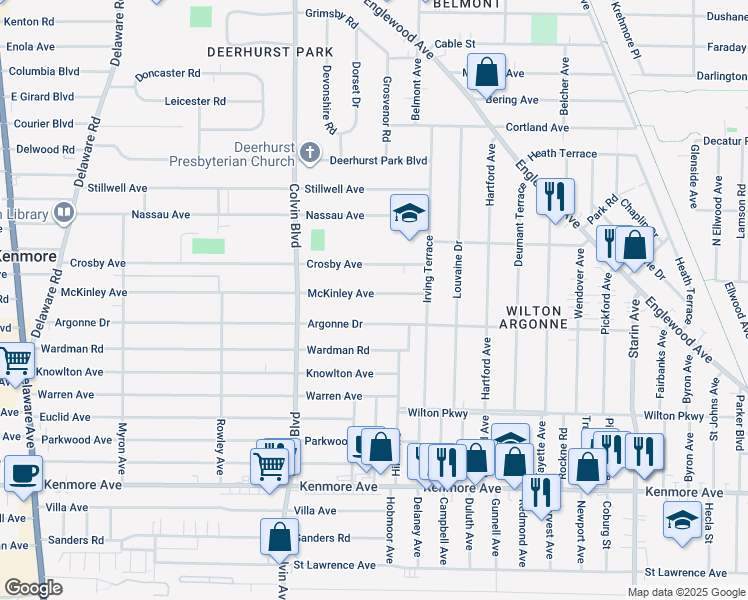 map of restaurants, bars, coffee shops, grocery stores, and more near 369 McKinley Avenue in Buffalo