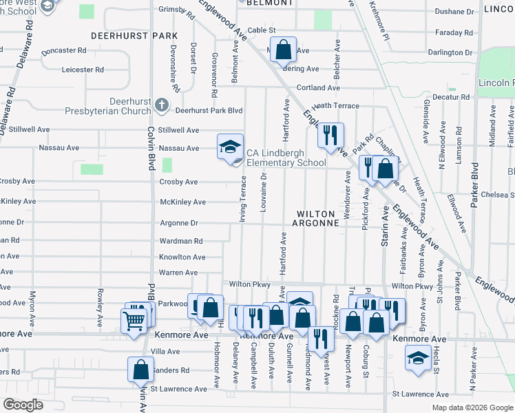 map of restaurants, bars, coffee shops, grocery stores, and more near 212 Louvaine Drive in Buffalo