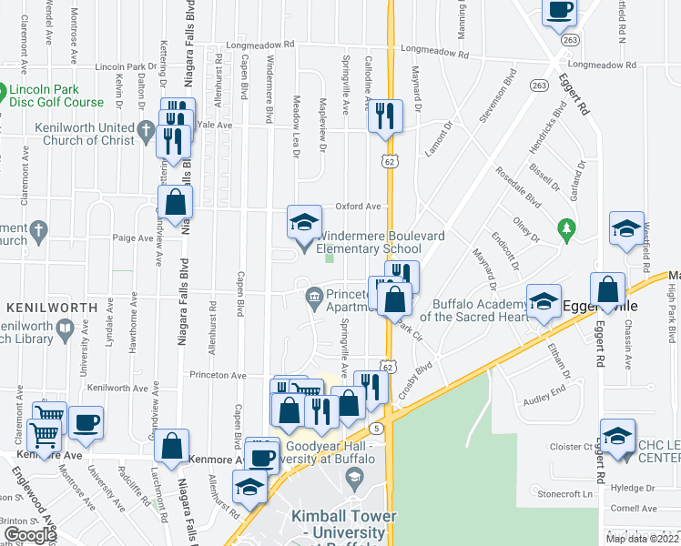 map of restaurants, bars, coffee shops, grocery stores, and more near 206 Springville Avenue in Buffalo
