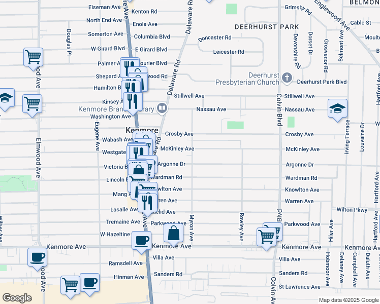 map of restaurants, bars, coffee shops, grocery stores, and more near 89 McKinley Avenue in Buffalo