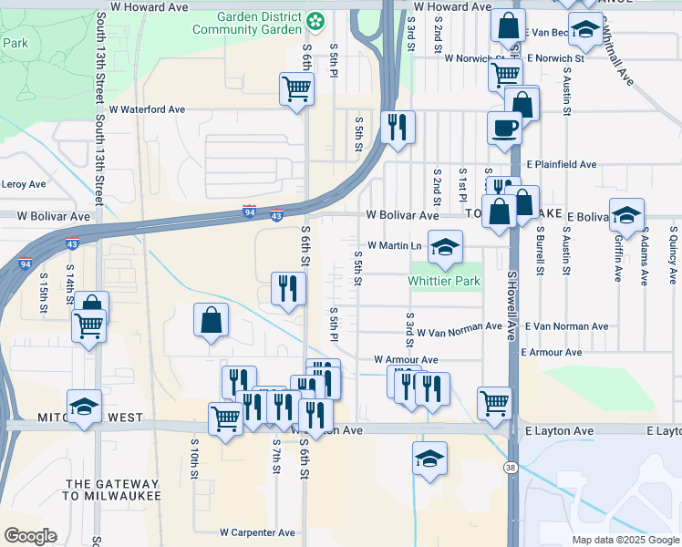 map of restaurants, bars, coffee shops, grocery stores, and more near 4394 S 5th Pl in Milwaukee