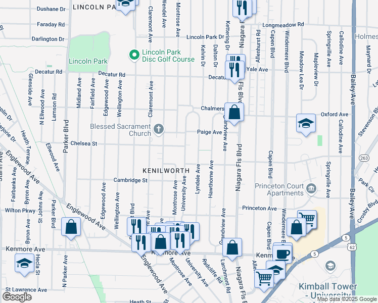 map of restaurants, bars, coffee shops, grocery stores, and more near 451 University Ave in Buffalo
