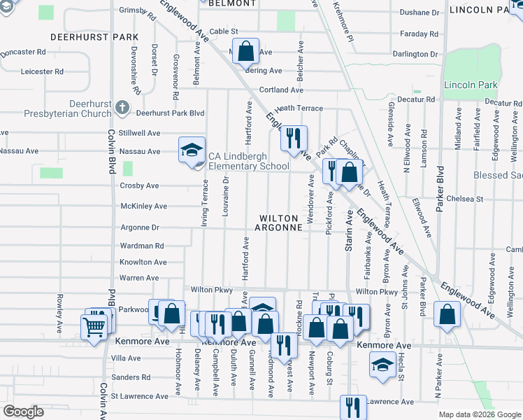 map of restaurants, bars, coffee shops, grocery stores, and more near 128 Deumant Terrace in Buffalo