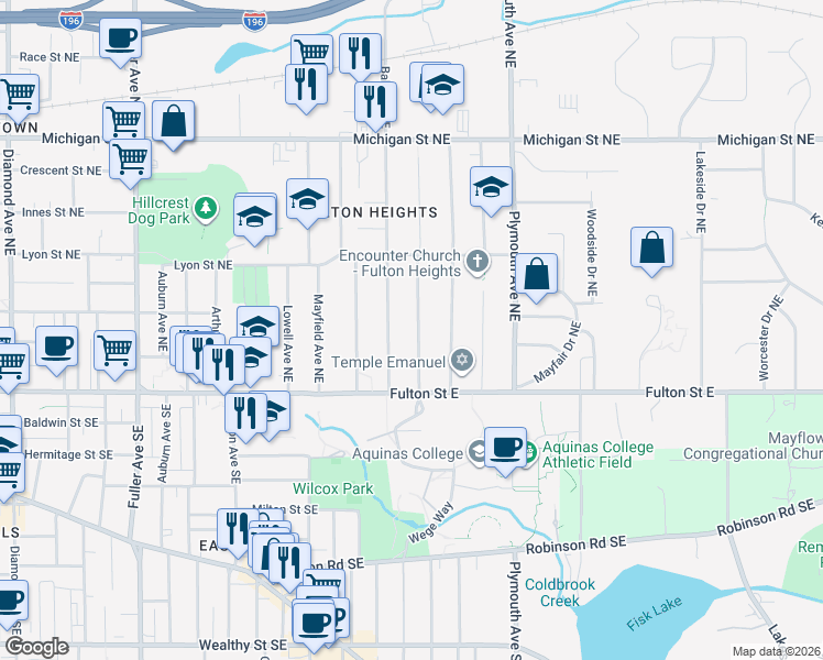 map of restaurants, bars, coffee shops, grocery stores, and more near 65 Wallinwood Avenue Northeast in Grand Rapids