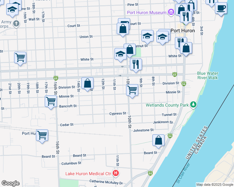map of restaurants, bars, coffee shops, grocery stores, and more near 1037 Minnie Street in Port Huron