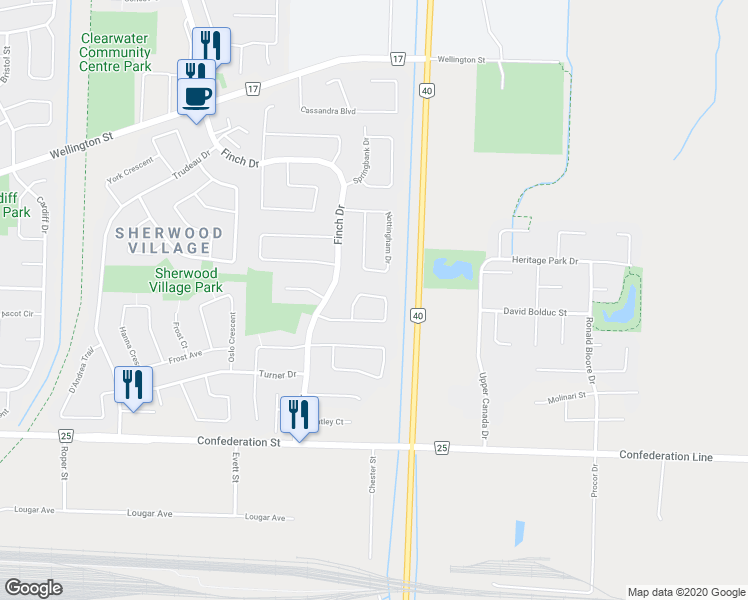 map of restaurants, bars, coffee shops, grocery stores, and more near 1278 Thistledown Avenue in Sarnia