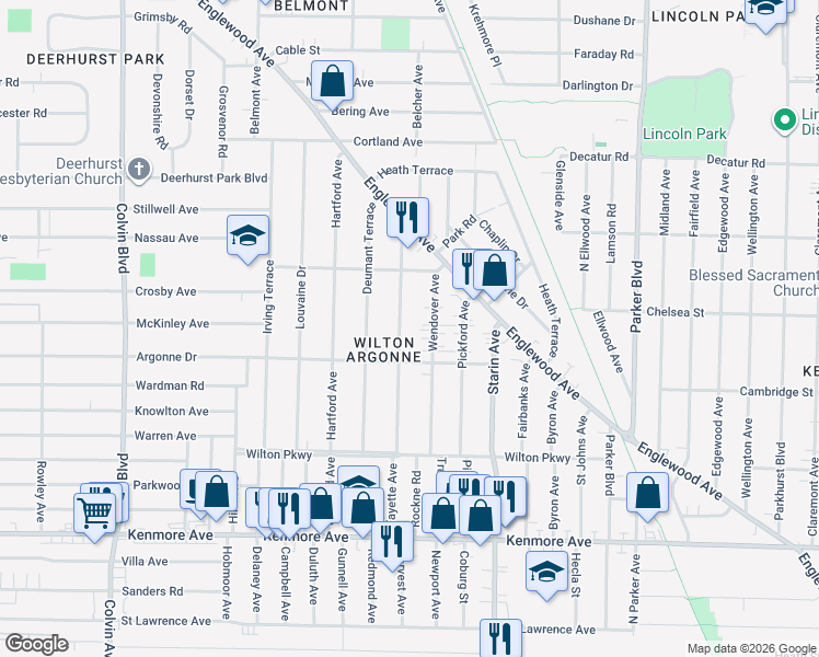 map of restaurants, bars, coffee shops, grocery stores, and more near 215 Fayette Avenue in Buffalo