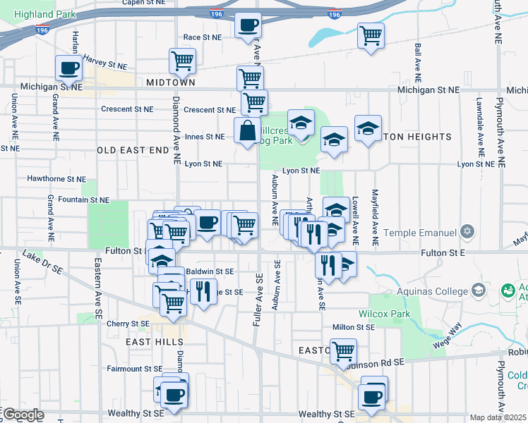 map of restaurants, bars, coffee shops, grocery stores, and more near 64 Fuller Avenue Northeast in Grand Rapids