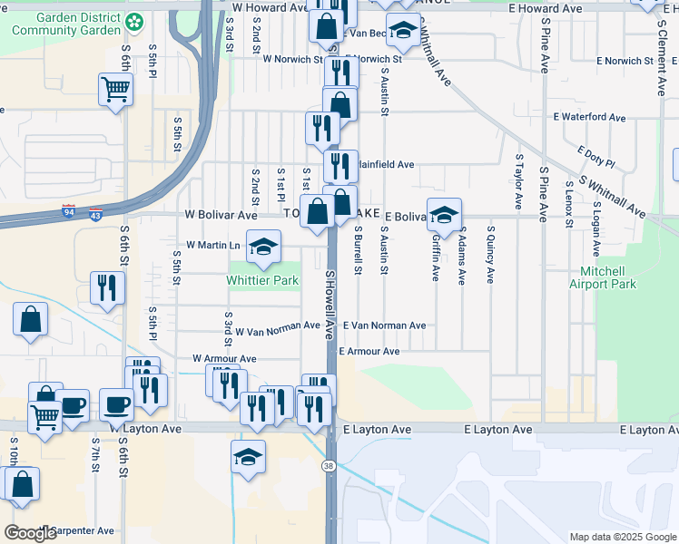 map of restaurants, bars, coffee shops, grocery stores, and more near 4388 South Howell Avenue in Milwaukee