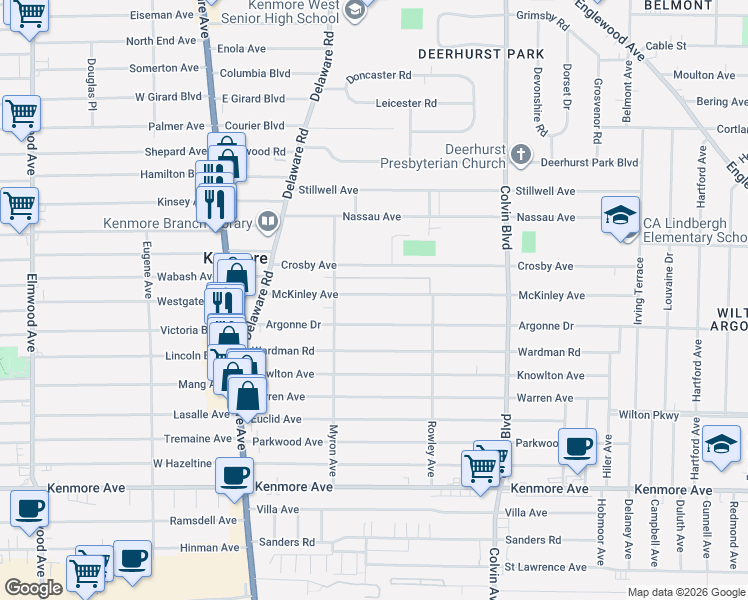 map of restaurants, bars, coffee shops, grocery stores, and more near 127 McKinley Avenue in Kenmore