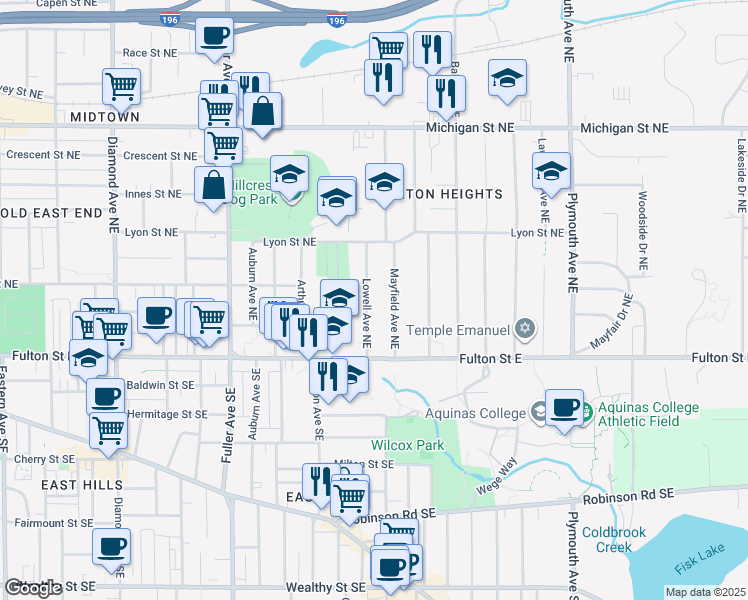 map of restaurants, bars, coffee shops, grocery stores, and more near 62 Lowell Avenue Northeast in Grand Rapids