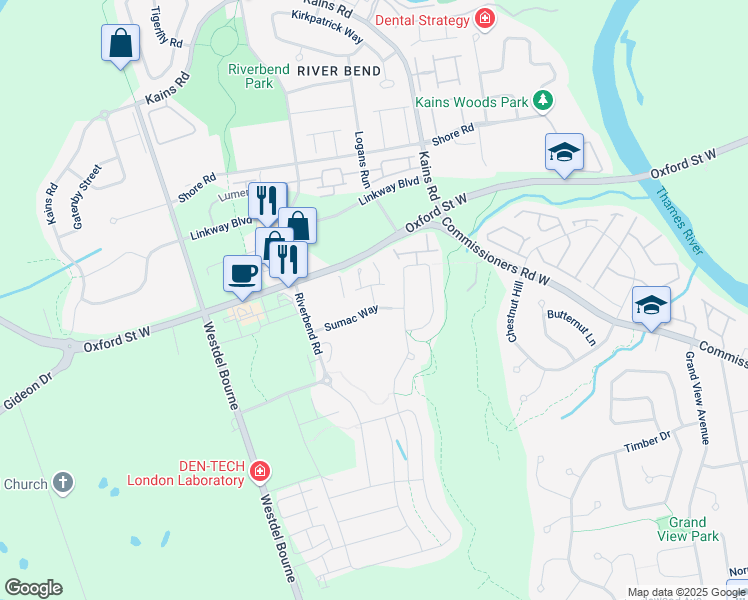 map of restaurants, bars, coffee shops, grocery stores, and more near 1554 Warbler Woods Walk in London