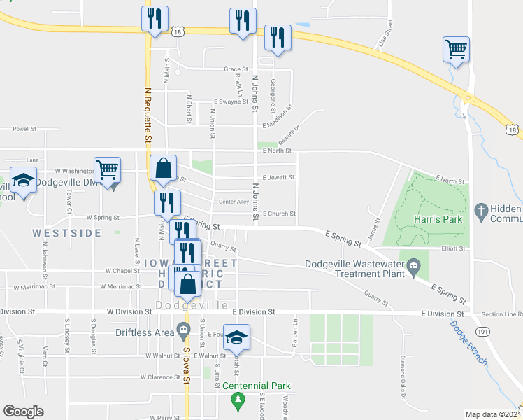 map of restaurants, bars, coffee shops, grocery stores, and more near 302 E Church St in Dodgeville