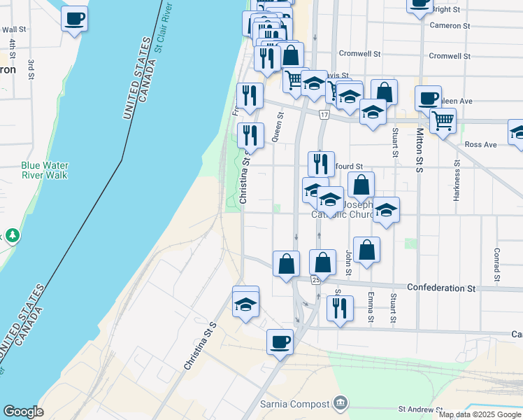 map of restaurants, bars, coffee shops, grocery stores, and more near 232 Devine Street in Sarnia