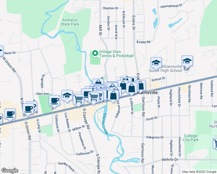 map of restaurants, bars, coffee shops, grocery stores, and more near 2 Eagle Street in Williamsville
