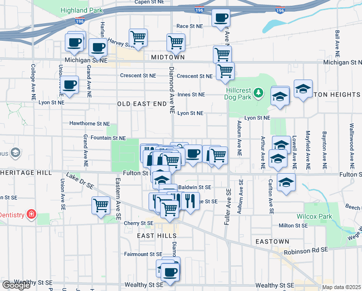 map of restaurants, bars, coffee shops, grocery stores, and more near 63 Iris Place Northeast in Grand Rapids