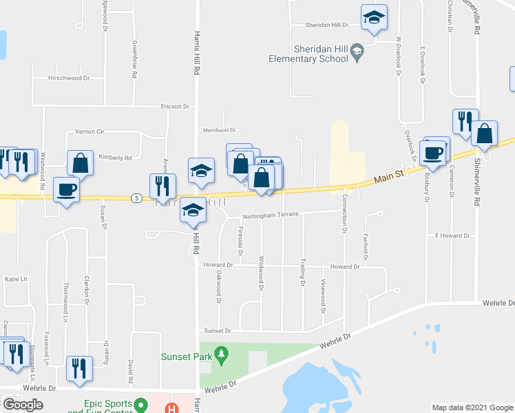 map of restaurants, bars, coffee shops, grocery stores, and more near 8575 Main Street in Williamsville