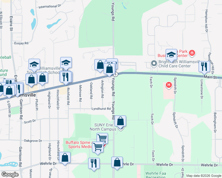map of restaurants, bars, coffee shops, grocery stores, and more near 61 Youngs Road in Buffalo