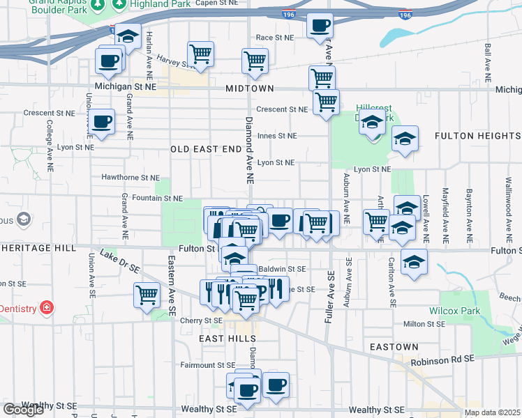 map of restaurants, bars, coffee shops, grocery stores, and more near 63 Iris Place Northeast in Grand Rapids