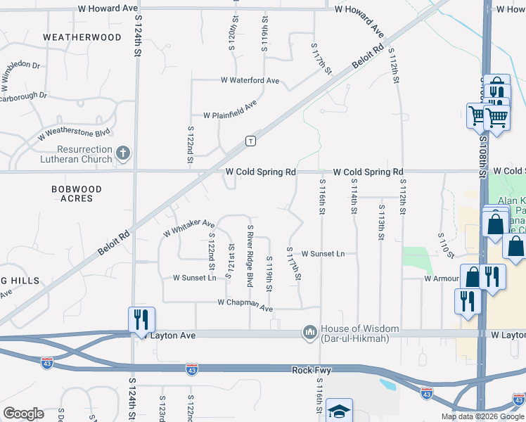 map of restaurants, bars, coffee shops, grocery stores, and more near 12000 West Whitaker Avenue in Greenfield