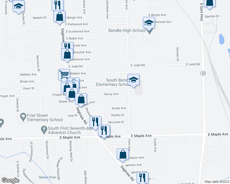map of restaurants, bars, coffee shops, grocery stores, and more near 2213 Savoy Avenue in Burton