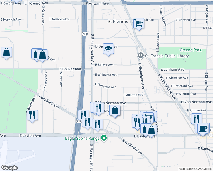 map of restaurants, bars, coffee shops, grocery stores, and more near 2532 East Bottsford Avenue in Saint Francis