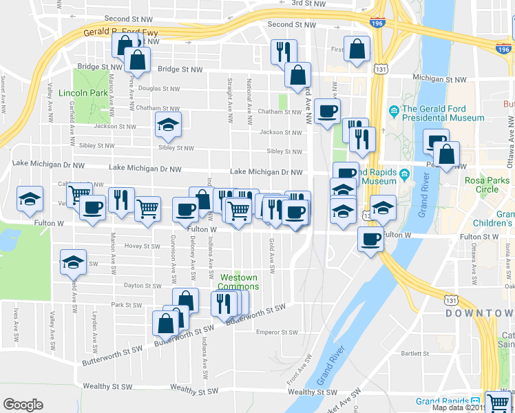 map of restaurants, bars, coffee shops, grocery stores, and more near 719 Veto Street Northwest in Grand Rapids