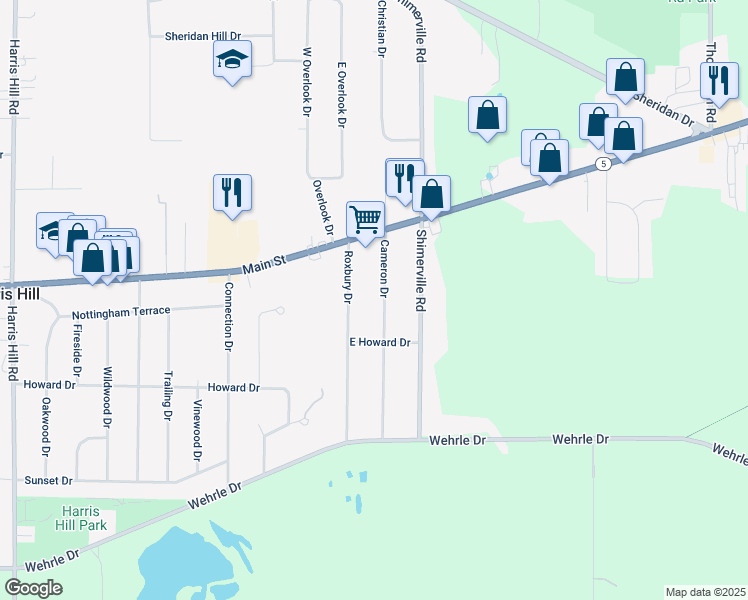 map of restaurants, bars, coffee shops, grocery stores, and more near 4306 Cameron Drive in Buffalo
