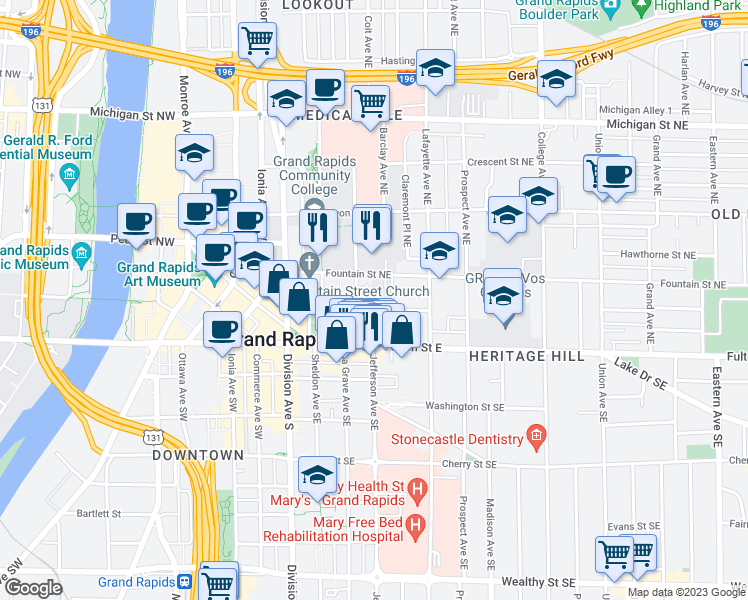 map of restaurants, bars, coffee shops, grocery stores, and more near 23 Barclay Avenue Northeast in Grand Rapids