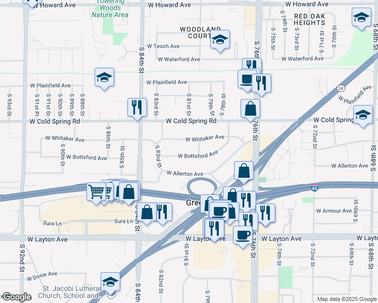 map of restaurants, bars, coffee shops, grocery stores, and more near 8020 West Bottsford Avenue in Greenfield