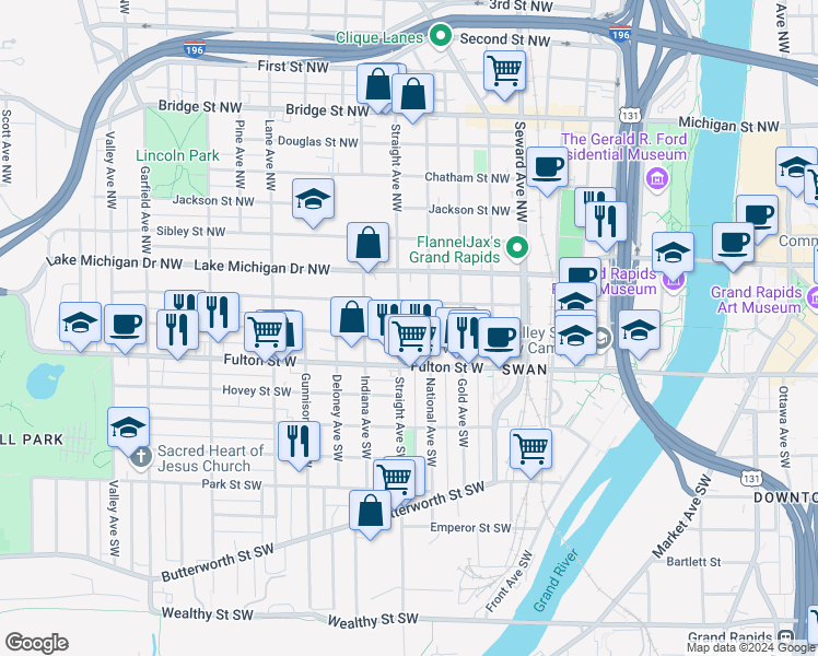 map of restaurants, bars, coffee shops, grocery stores, and more near 751 Veto Street Northwest in Grand Rapids