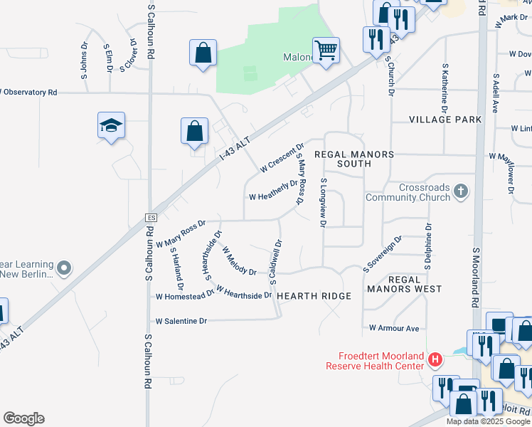map of restaurants, bars, coffee shops, grocery stores, and more near 16620 West Mary Ross Drive in New Berlin