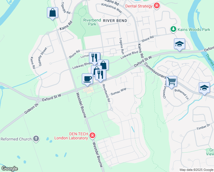 map of restaurants, bars, coffee shops, grocery stores, and more near 1228 Riverbend Road in London