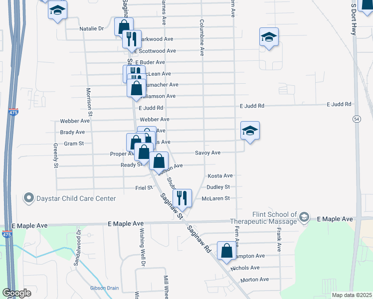 map of restaurants, bars, coffee shops, grocery stores, and more near 2139 Savoy Avenue in Burton