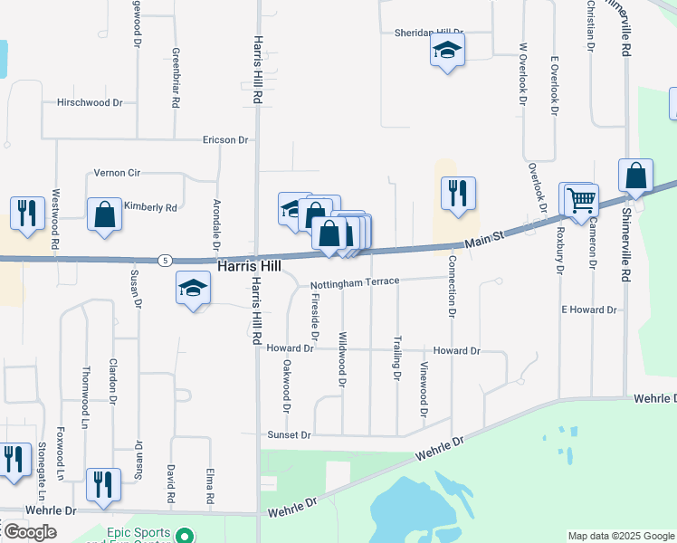 map of restaurants, bars, coffee shops, grocery stores, and more near 8575 Main Street in Williamsville